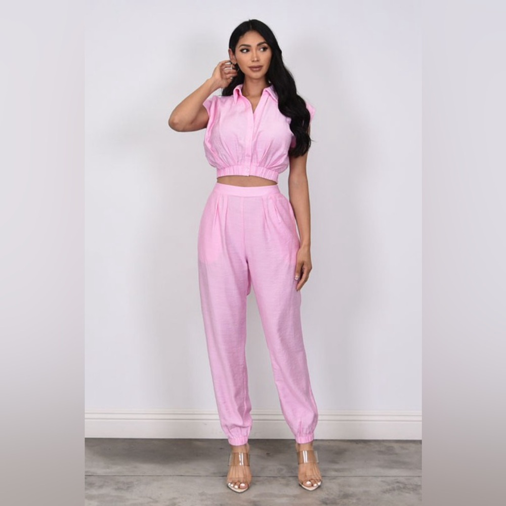 NEW Woven Crop Shirt and Pant Set in Pink Concert Festival Y2K Hipster Size L